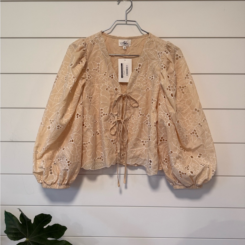 ABLE Cream Floral Tie Front Blouse Lace Boho Feminine Top Size M